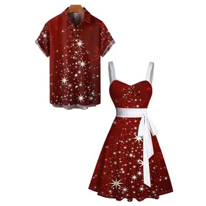 2024 Women's Christmas Snowflake Print Belted Mini Dress And Short Sleeve Button Up Dress Matching Outfit
