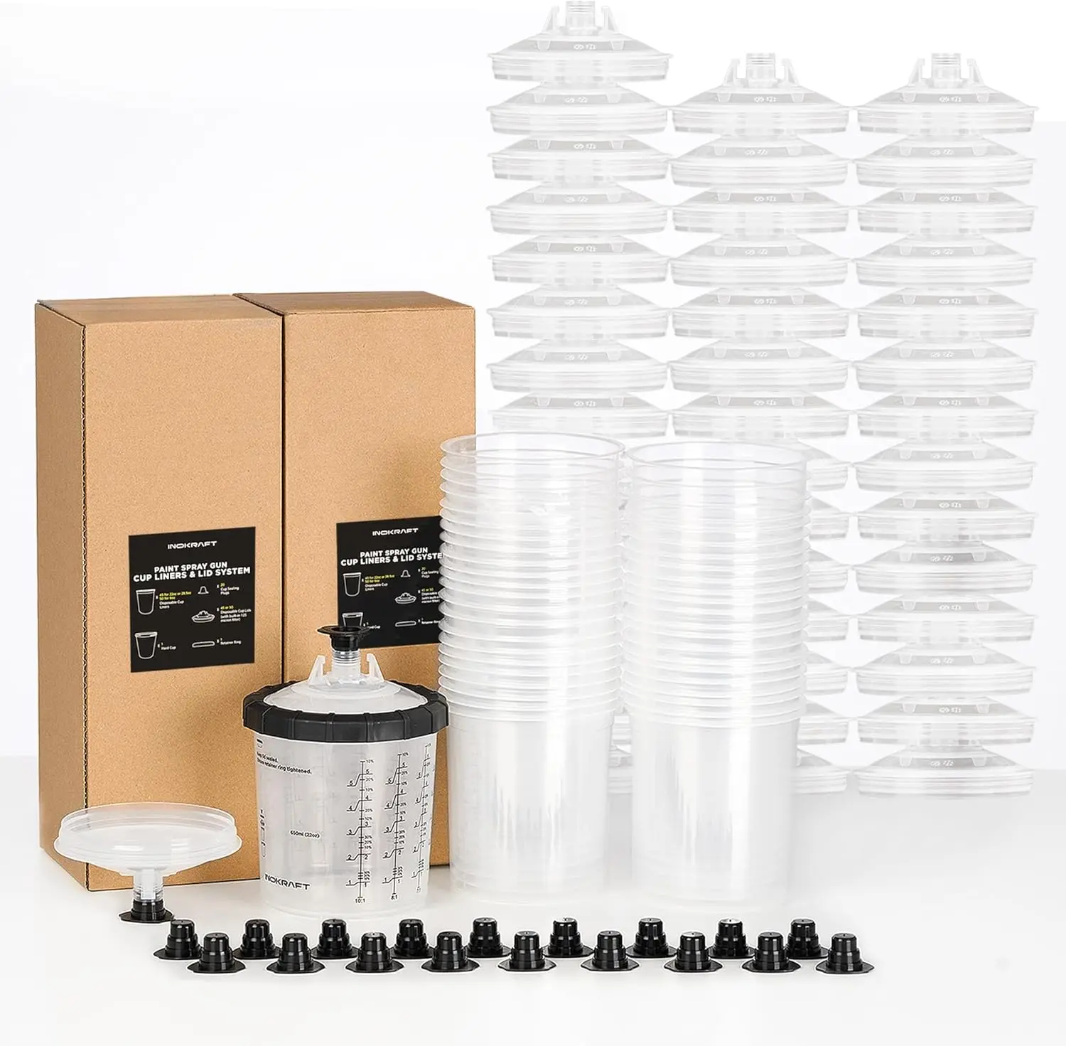 Disposable Paint Spray Gun Cup, Paint System for HVLP and LVLP Paint Spray Paint Gun, Standard 22 Ounce (650ml) Kit with 45 Cups and Lids System, 1 Hard Cup with Retainer Ring and 20 Plugs