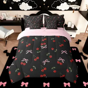 Cute Bows Cherry 7 Piece Bedding Set Watercolor Bow Comforter Set Summer Fruit Bed Set Includes Comforter,Sheet Set,Pillowcases & Pillow Covers Breathable Soft Microfiber Bowknot Black