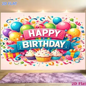2D Flat Banner 1pc, for Party Banners Banner, Polyester Backdrop Colorful Cupcake Ribbon Balloon Banner Happy Birthday Bright Celebration, for Party Decor Room, Garden, Home, Club, Farm, No Electricity, Easy to
