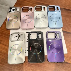 HISTORYOO Case for iPhone 17 Pro Max 16 15 14 13 12 11 Pro 17 Air Magnetic For MagSafe Wireless Charging Camera Lens Bracket Holder Noble Icicle Bling Glitter Sparkle CD Aurora Crystal Lights Shockproof Protector Laser Non-Slip  Hard Back Cover Soft Frame