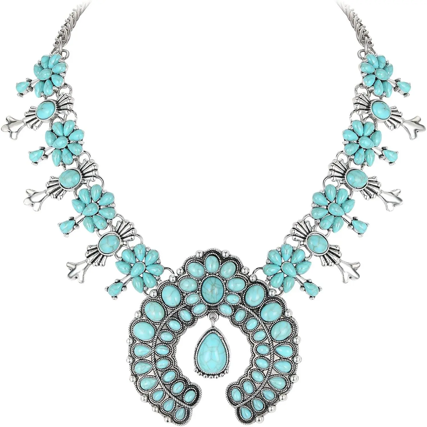 Turquoise Statement Necklace for Women, Chunky Bohemian Floral Collar, Adjustable Art Deco Costume Jewelry, Accessories, Decoration, Bohemian Necklaces, Jewelry For Women, Boho Necklaces
