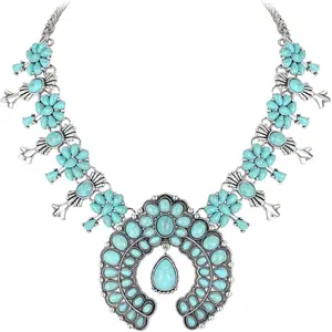 Bohemian Turquoise Collar Necklace, Art Deco Flower Costume Statement Necklace for Women