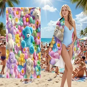 Plush Teddy Bear & Pastel Floral Beach Towel | Quick Dry Super Absorbent Soft Microfiber Pool Bath Towel for Vacation Travel & Spa
