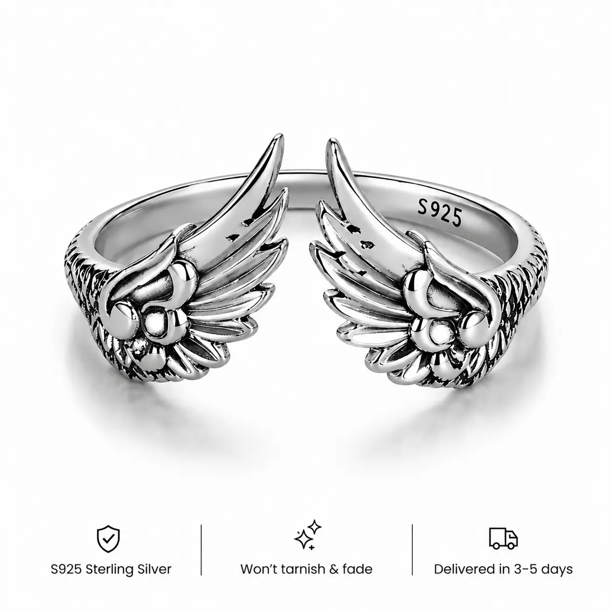 925 Sterling Silver Wing Ring for Women Men, Gothic Angel Feather Open Adjustable Ring, Vintage Flying Wings Jewelry, Symbol of Freedom Hope Strength, Unique Statement Gift for Birthday Anniversary