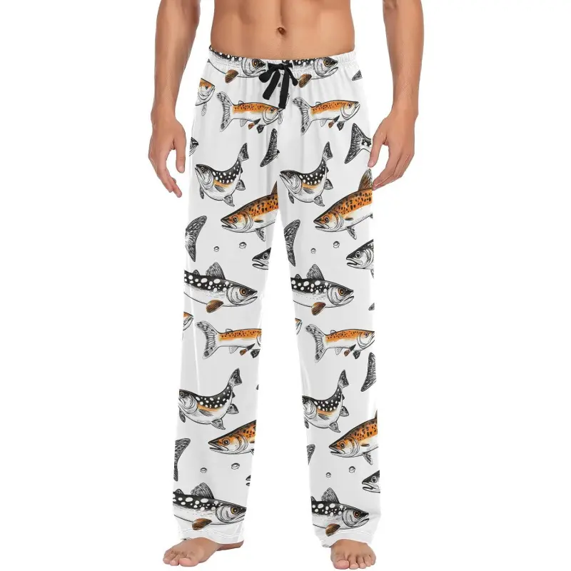 Men's Pajama Pants Fishes Drawing Sleep Bottoms Lounge Sleepwear with Pockets Drawstring