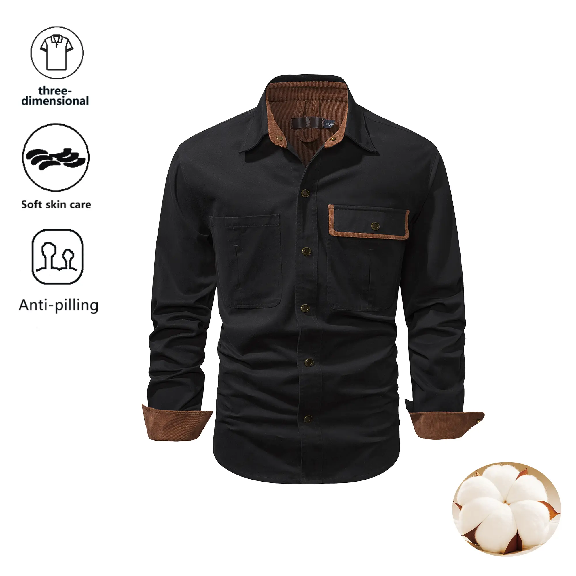 Men’s vintage patchwork workwear long-sleeve shirt, made of soft, breathable cotton with a 3D cut—versatile top backtoschoolshopping