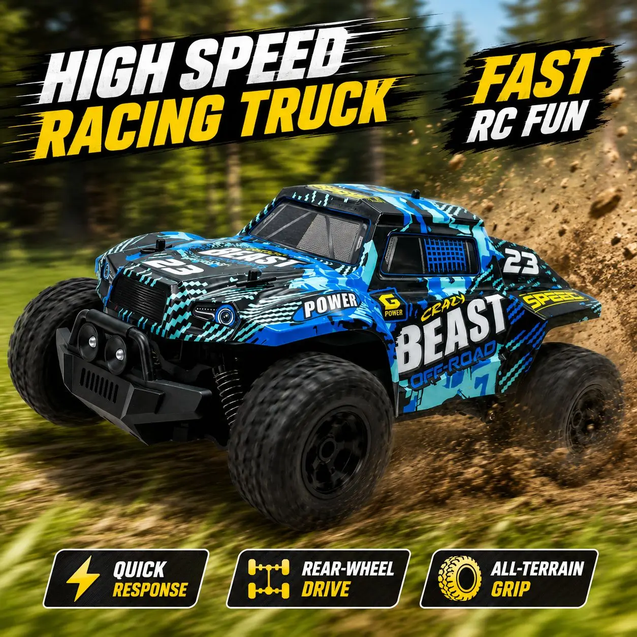 1:14 Large High-Speed Remote Control Off-Road Vehicle, 2.4G Long-Distance Control, Powerful Speed of 45KM/H, Equipped with 28000 RPM Motor, Built-In LED Headlights, Outdoor Racing Toy, Ideal Gift for Birthdays, Halloween And Christmas
