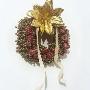 Frosted Cranberry Mini Hand Crafted Wreath With Gold Bow And Cream Ribbon Perfect For Festive Decor