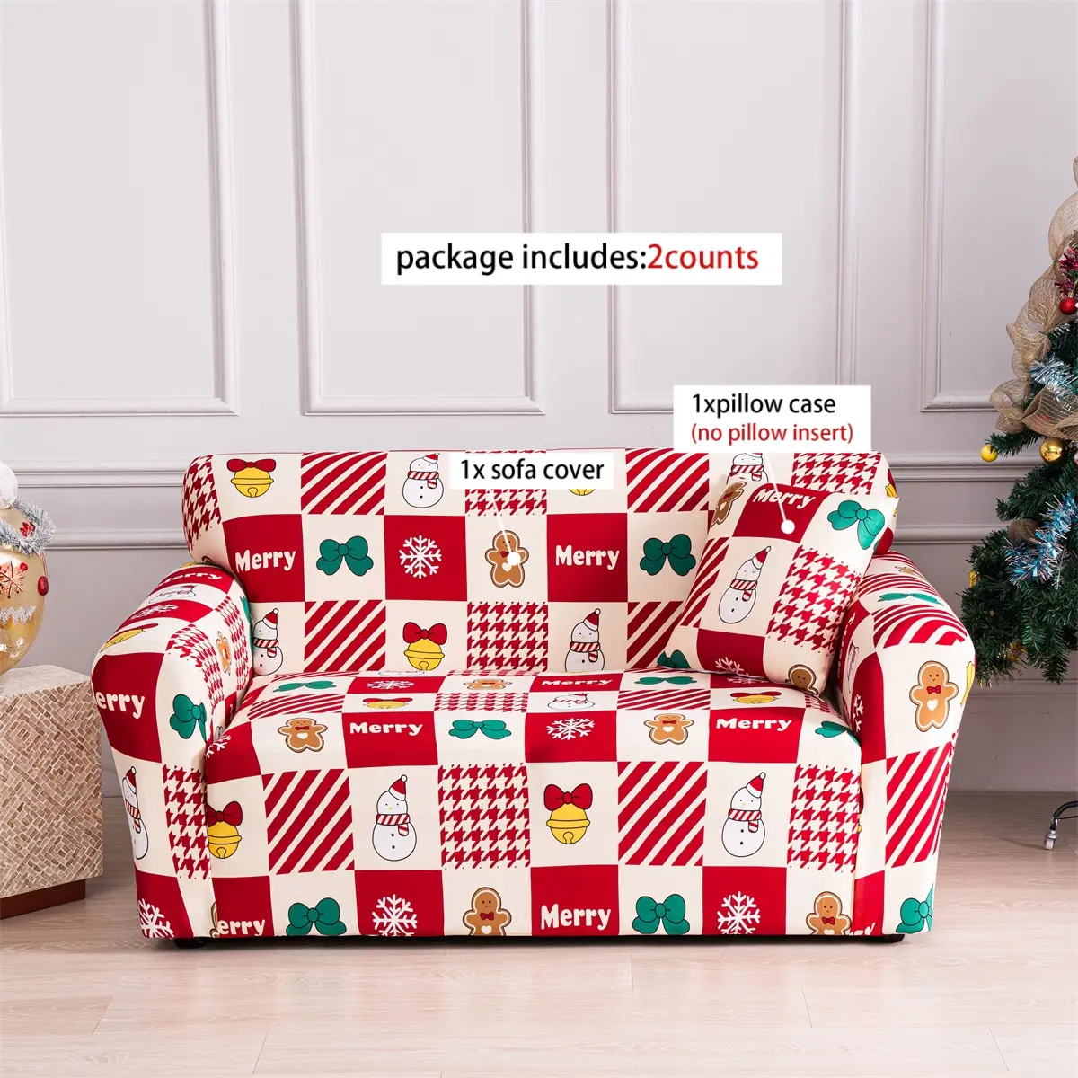 Stretchable Christmas Sofa Cover Set, Festive Reindeer & Santa Design, Includes Pillow Covers, Pet Friendly, Sofa Couch Covers