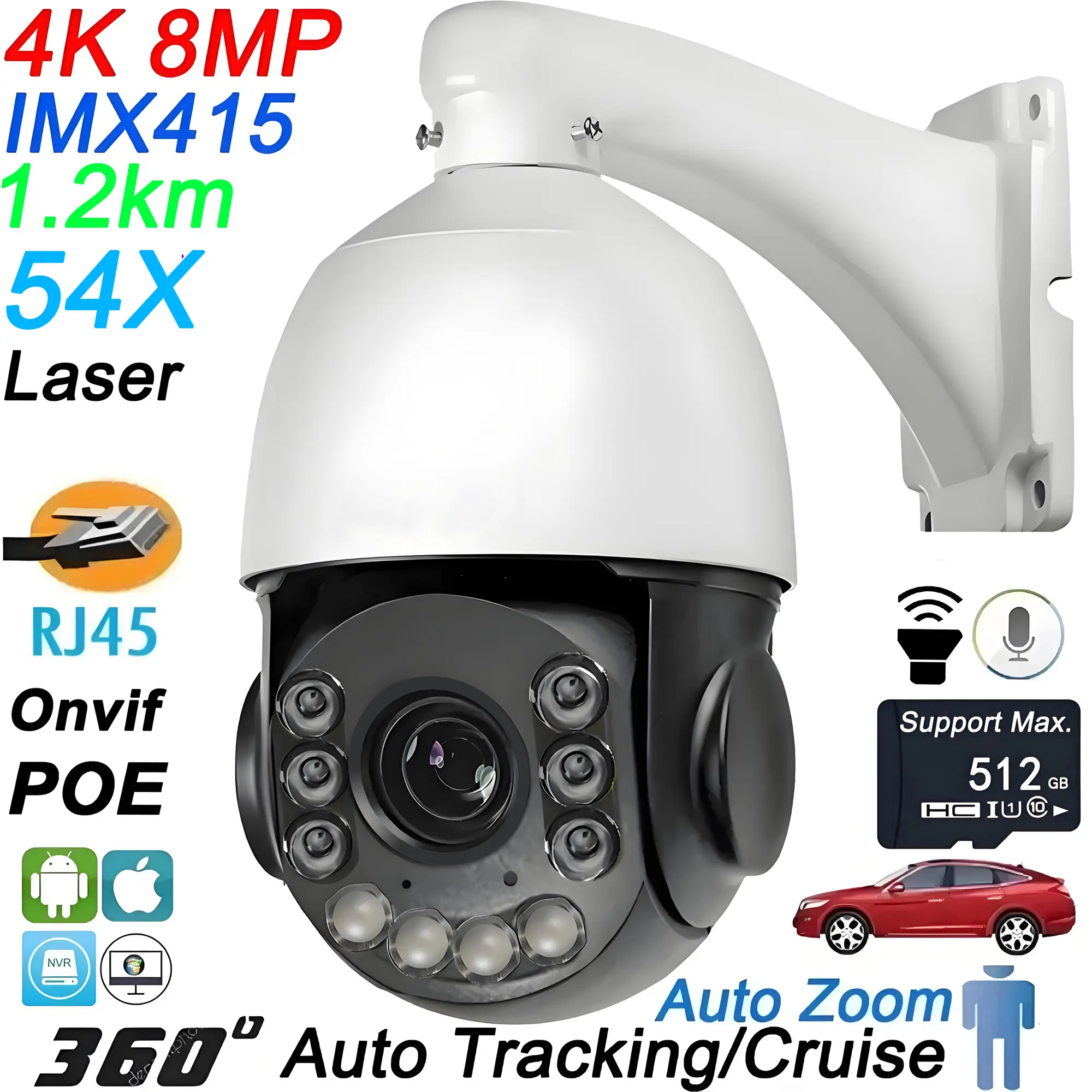 Laser Infrared Metal Auto Tracking Cruise 8MP 4K 54X Optical Zoom 360° Audio ONVIF POE PTZ IP Surveillance Speed Dome Camera