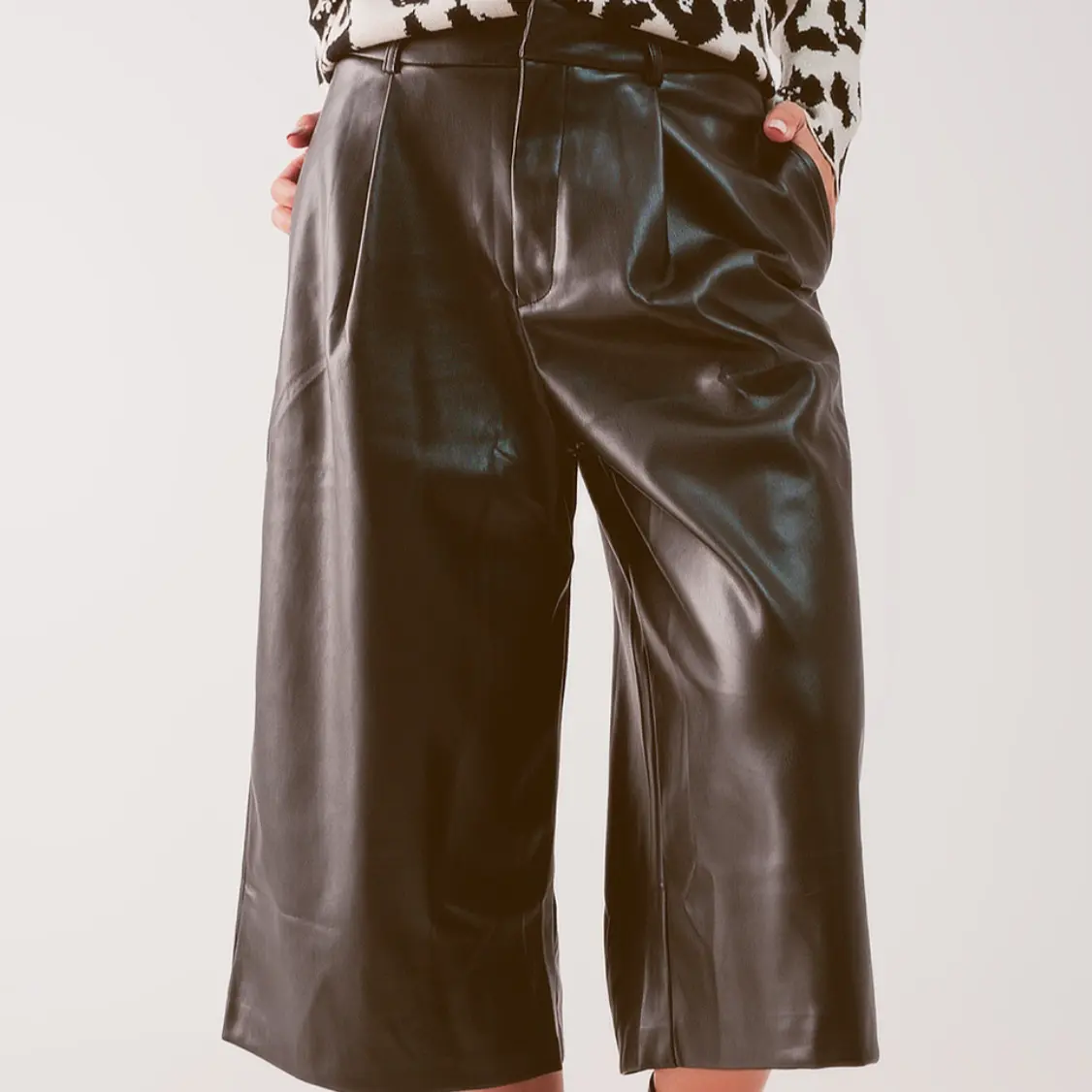 Black Faux Leather Wide Leg Culottes
