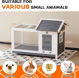 Grey Wooden Rabbit Hutch Indoor and Outdoor, Rabbit Cage with Removable Wire Netting, Weatherproof Bunny Cage with Anti-Chew Metal Frame Ramp for Small Animals