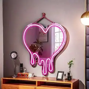 Heart-Shaped Mirror Neon Sign - Heart-Shaped Melted Wall Decoration, USB Powered LED Light Pink, Decorative Wall Mirror. Perfect for Bedroom, Girl's Room, Party, Studio, Shop Decoration Great Birthday Gift Hanging Acrylic Valentine's Romantic Decoration