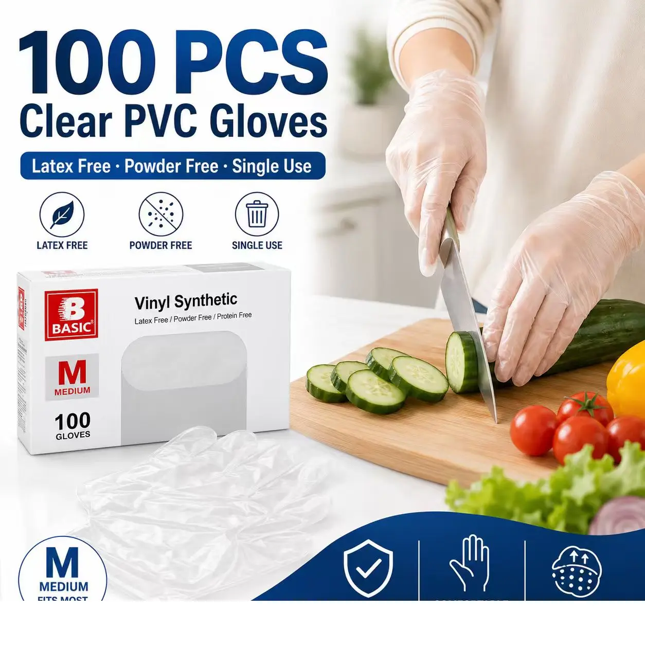 100pcs Clear PVC Disposable Gloves, Medium, Latex-Free & Powder-Free, Ambidextrous Lightweight Single-Use Hand Covers for Cleaner Mess-Free Tasks, Kitchen Prep, Household Cleaning, Painting, Gardening, Pet Care, Beauty, DIY & Packing