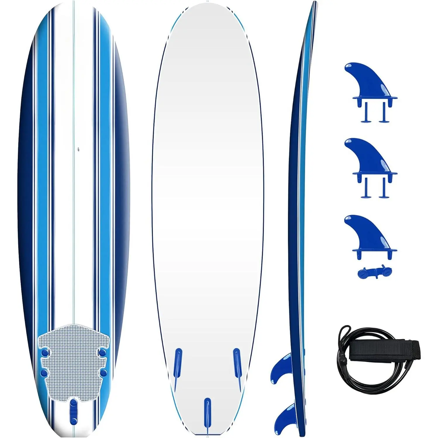 Classic Soft Top Foam 7ft Surfboard Surfboard for Beginners and All Surfing Levels Complete Set Includes Leash and Multiple Fins Heat Laminated, Blue Pinline
