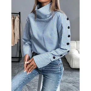 Women’s French-style striped casual long-sleeve single-button shirt, a fashionable women’s top suitable for everyday wear, designed for comfort and style