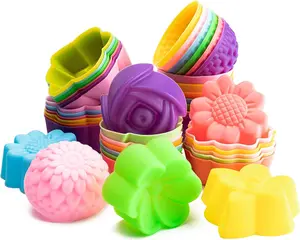 42 PCS Silicone Molds Cupcake Multi Flower Shapes Baking Cups Non-Stick Donut Wrapper Mold Muffin Liners Washable for Pan Oven Microwave Dishwasher