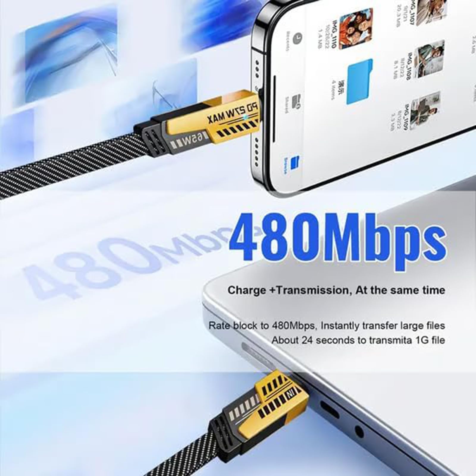 2 PCS Portable Fast Charger, Type C/USB A Dual Ports Adapter, 4 in 1 Fast Charging Cable & Data Sync, 120w Fast Chargers, 1.5m Flat Braided, for iPhone, Ipad, and Airpods