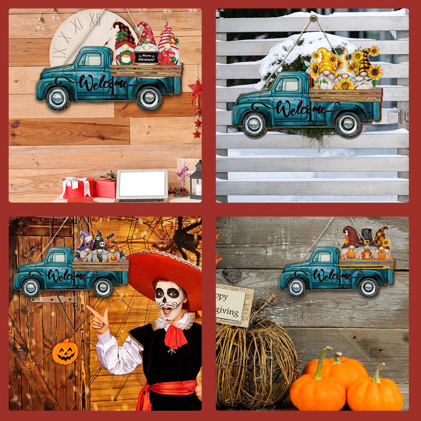 23 Pcs Interchangeable Gnome Welcome Sign for Front Door, Magnetic Seasonal Wooden Truck Door Hanging Decor for Valentines St. Patrick's Day Easter Spring Birthday Holiday Party, Farmhouse Porch Wall Home Decor, Housewarming Gift for Room Office Garden