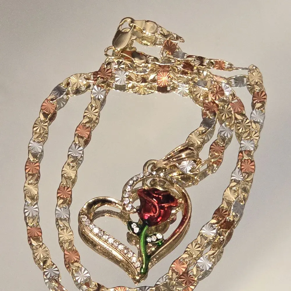 N54-Divine Red Rose Heart Pendant 19.3-Inch 4mm Tricolor Diamond Cut Style Gold Plated Chain for Women Rhinestone Decorated Necklace Fashion Jewelry Party not water resistant