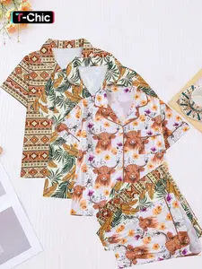 6-piece combination women's yak leaf retro symmetrical pattern printed Knitting short sleeved shorts pajama set suitable for all seasons collar top comfortable Fitted casual home wear