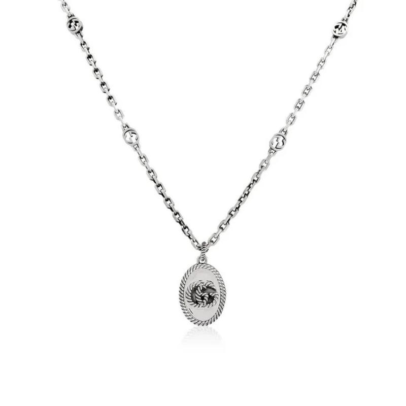 Pre-owned GUCCI Sterling Silver Necklace Double G 925 Silver Long Unisex W\Box & Pouch #209