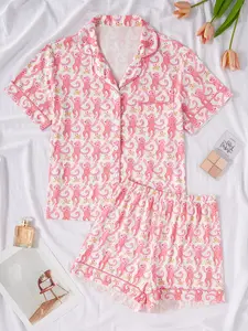 Women's Cute Sleepwear Pajama Set, Monkey Print Short Sleeve Two-Piece (includes Shorts), Casual Fitted Homeewear, All Seasons
