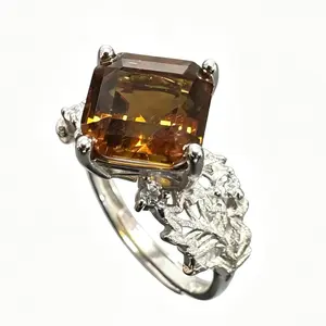 Vintage Leaf Citrine Ring | 925 Silver Adjustable 10×10mm