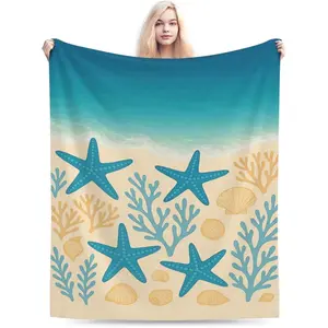 Starfish Beach Blanket – Coastal Ocean Throw Blanket with Seashell and Coral Design, Relaxing Nautical Decor for Women