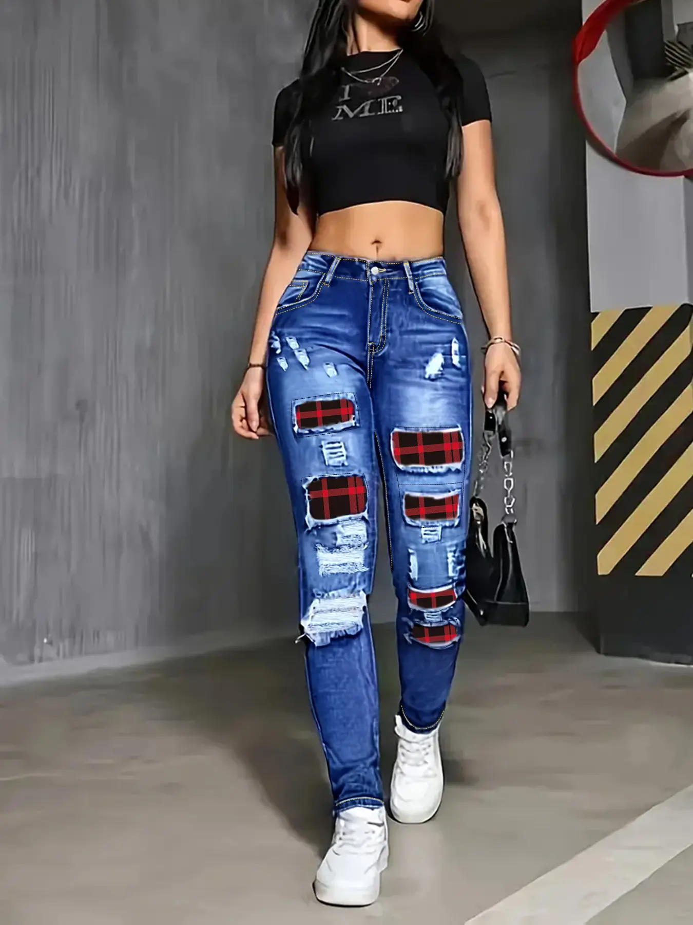 High Rise Jeggings for Women, Blue Wash Ripped Jeans, Colorblock Denim Pants, Fashion Slim Skinny Jeans, Womenswear Bottom Streetwear Mom Jeans