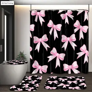 1/3/4PCS Pink Bows Pattern on Black Background Shower Curtain Set with Rugs, Non Slip Bath Mat, U-Shape Carpet, Toilet Lid Cover, Bathtub Curtain Accessories, 12 Hooks, Home Bathroom Festival Decor