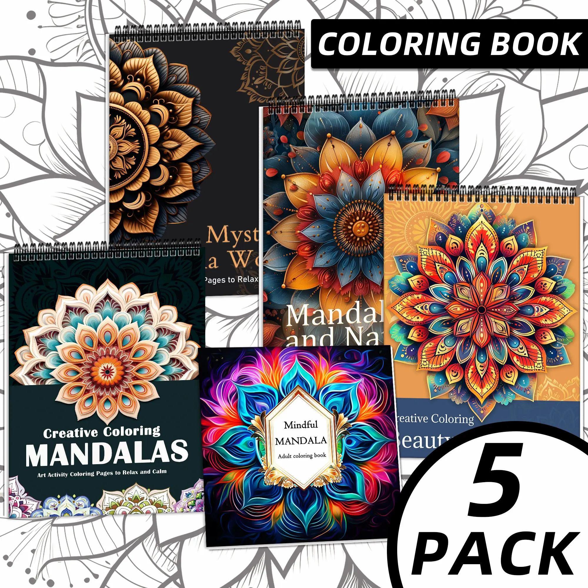 5-Pack Adult Coloring Books, Creative Coloring Pages Deluxe Mandala Designs for Stress Relief and Relaxation, Art Activity, Thick Intricate Patterns for Halloween, Christmas, Thanksgiving