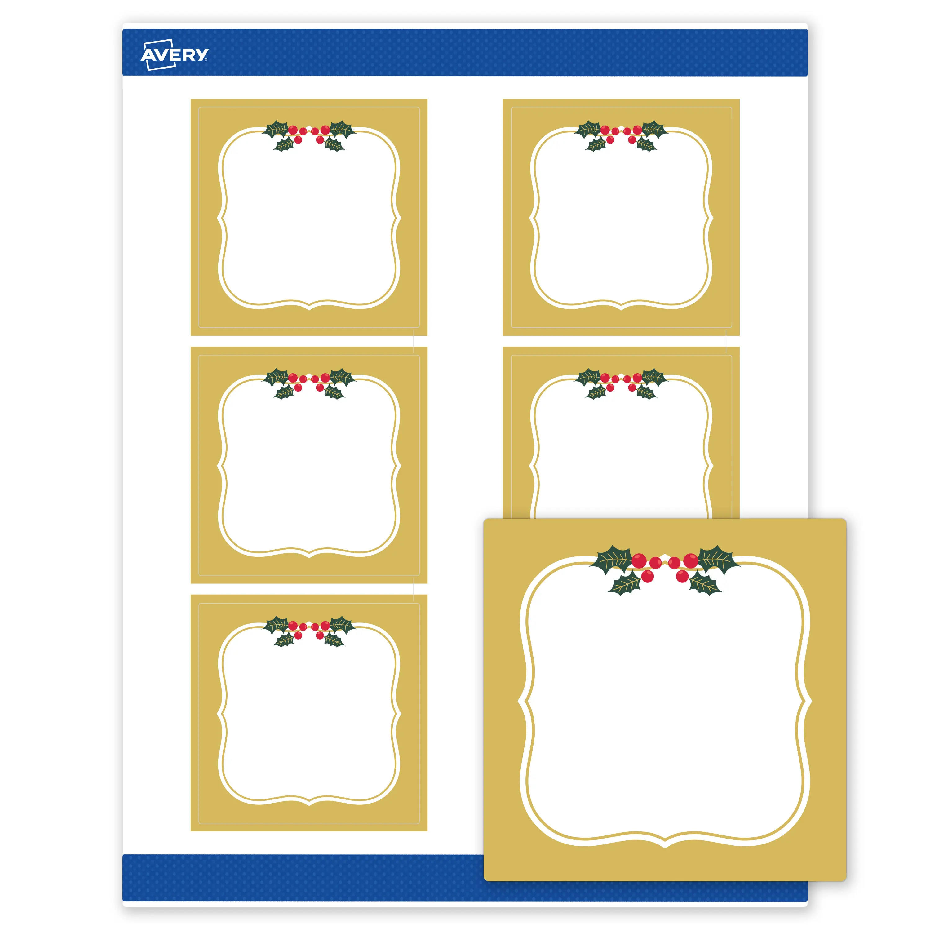 Avery® Printable Christmas Labels with Sure Feed® Technology, Square, 3" x 3", Pre-Printed Metallic Gold Border with Holly Design, Matte White, Laser & Inkjet Compatible, 60 Total