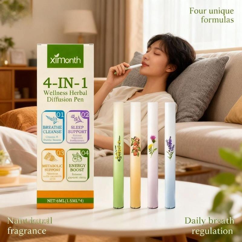 Ximonth 4-In-1 Herbal Stick Set Breathe Cleanse Sleep Support Metabolic Energy Boost 4x1.5ML Natural Wellness Pens for Comprehensive Wellness