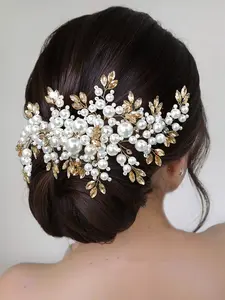 Elegant Pearl Gold Leaf Hair Comb, Vintage Style Bridal Accessory for Wedding Evening Events, Perfect Match for Brides