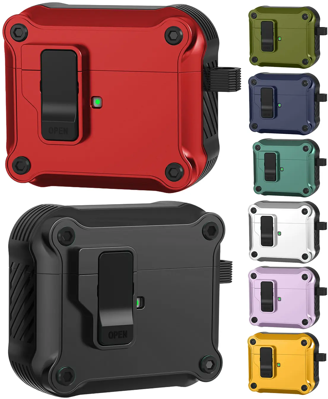 Nakedcelllphone Secure-Click Bundle for Apple Airpods Pro 3 Case, Rugged Cover with Magnetic Flip and Latch Closure (Includes Lanyard Strap, Carabiner Clip and Cleaning Kit) - Compatible with MagSafe