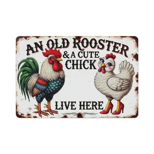 8x12 Inch Vintage Farmhouse Chicken Coop Sign - Distressed White & Black "Old Rooster & Cute Chick" Metal Tin Sign, Rustic Farm Decor for Kitchen, Barn, and Garden