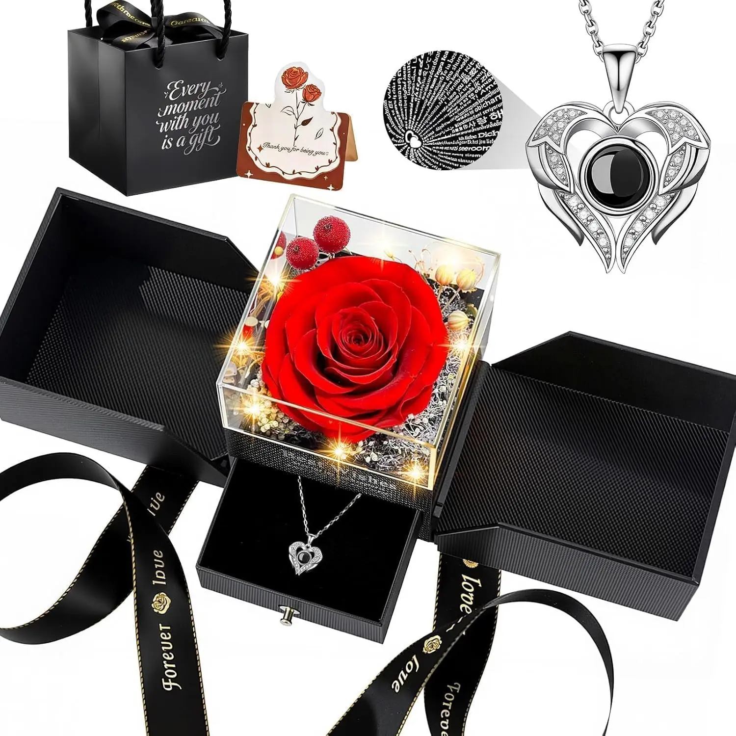Women's Preserved Real Red Rose Gift Set with Heart Jewelry Necklace, 100-Language "I Love You" Message, Romantic Birthday Gift for Girlfriend/Wife