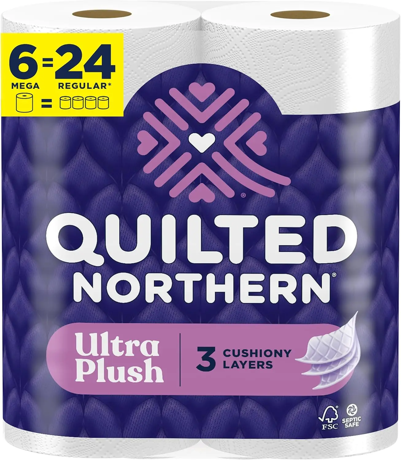 Quilted Northern Ultra Plush 3-Ply Soft Toilet Tissue, 6 Mega Rolls (=24 Regular Rolls), 3X Thicker, Smooth, Unscented, Dye-Free, Absorbent Flushable Sheets for Home Bathrooms