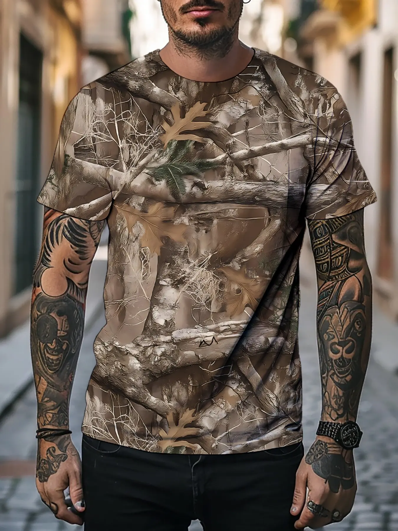 Men's Outdoor Jungle Camo 3D Full Print Camouflage Fitted Short Sleeve Classic T-Shirt, Natural Branch Pattern Round Neck Top, Casual Loose Half Sleeve Streetwear