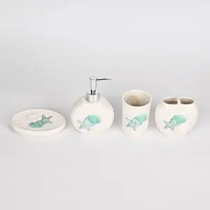 4 Piece Ceramic Bathroom Accessory Set Hand Painted Resin Beach Inspired Coastal Decor Countertop Set Durable Perfect Weight for Vanity and Home