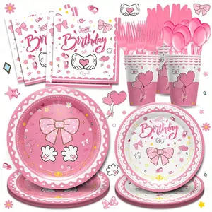 168pcs Pink Bow Princess Birthday Party Decorations Set,Party Packs - Inculde Pink Bow Plates And Napkins, Cups, Cutlery For 24 Guests | Birthday Party Supplies,Baby Shower Decorations,The Best Set Of Supplies For A Party Event