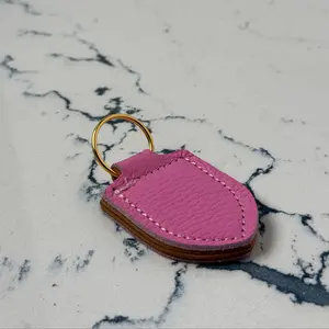 Flamingo Pink Genuine Italian Pebble Leather Keychain with Brass Hardware