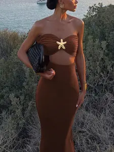 Women's Hollow Out Bralette Starfish Metal Decor Tight Slim Fit Long Sleeveless Dress, Backless Y2K Chic Elegant Formal Evening Wedding Cocktail Gown Womenswear