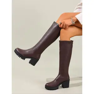 Women's PU Leather High Heel Knee-High Boots, Round Toe Thick Sole Ankle Booties, Fashionable Back Zipper Design