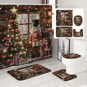 1/4pc Christmas Tree and Nutcracker Soldier Pattern Shower Curtain Set, festive design, includes non-slip mat, U-shaped rug, toilet seat cover, perfect for bathroom decoration, partitioning, and beautifying the space. Comes with 12 shower curtain hooks.