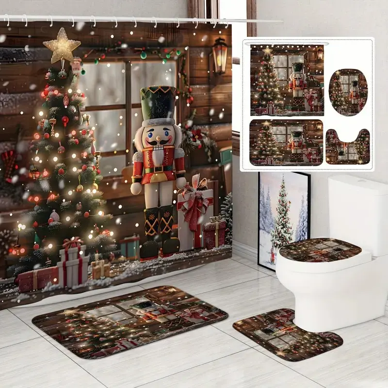 1/4pc Christmas Tree and Nutcracker Soldier Pattern Shower Curtain Set, festive design, includes non-slip mat, U-shaped rug, toilet seat cover, perfect for bathroom decoration, partitioning, and beautifying the space. Comes with 12 shower curtain hooks.