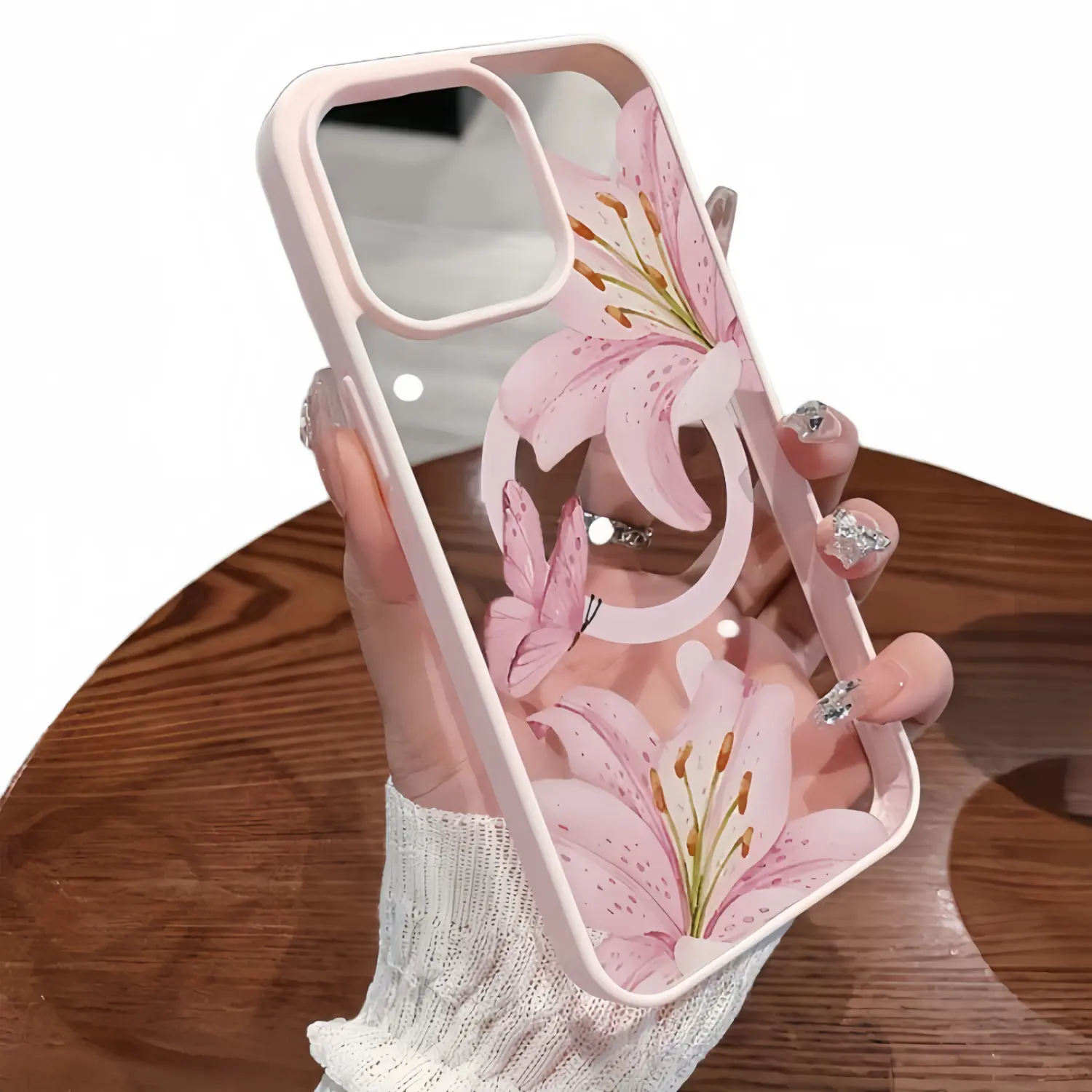 Pink Lilies Magnetic Transparent PC Cellphone Case for iPhone 17/16/15/14/13/12 Pro, Multi-Model Mobile Phone Accessories, Shockproof, Ultra-Thin, Fashionable Pattern Protection Casing, Classic Gift Cover