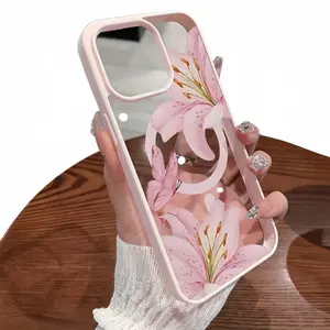 Pink Lilies Magnetic Phone Case for iPhone 17/16/15/14/13/12 Pro Fashionable Pattern Design Transparent Shockproof Classic Gift Ultra-Thin Protective Smartphone Cover